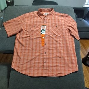 Orvis Mens XXL Short Sleeve Tech Shirt Button Up Orange Plaid NWT